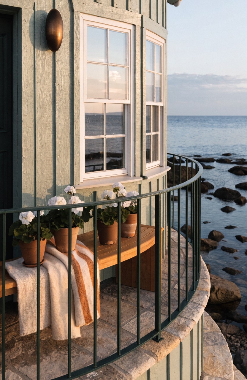 Light green corner of a small building with white-framed windows, curved balcony with green metal railing lined with terracotta pots of white flowers, wooden bench draped with striped blanket, overlooking rocky ocean shore.