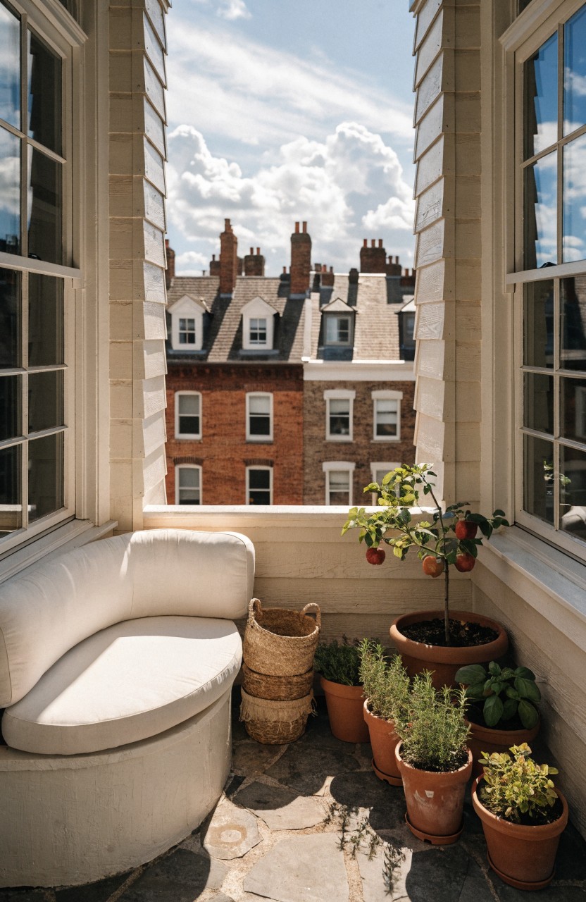 Balcony with curved white cushioned bench, potted plants including small orange tree and herbs in terracotta pots, large windows framing view of brick townhouses under partly cloudy sky.
