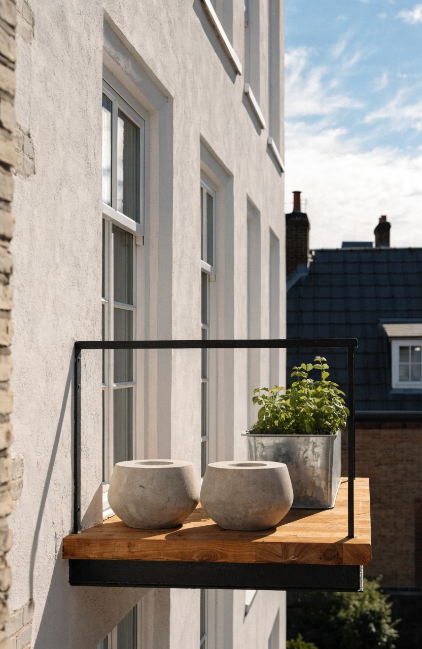 White plastered exterior wall with black metal balcony frame supporting a wooden shelf that holds two large white stone pots and a metal bucket of herbs.