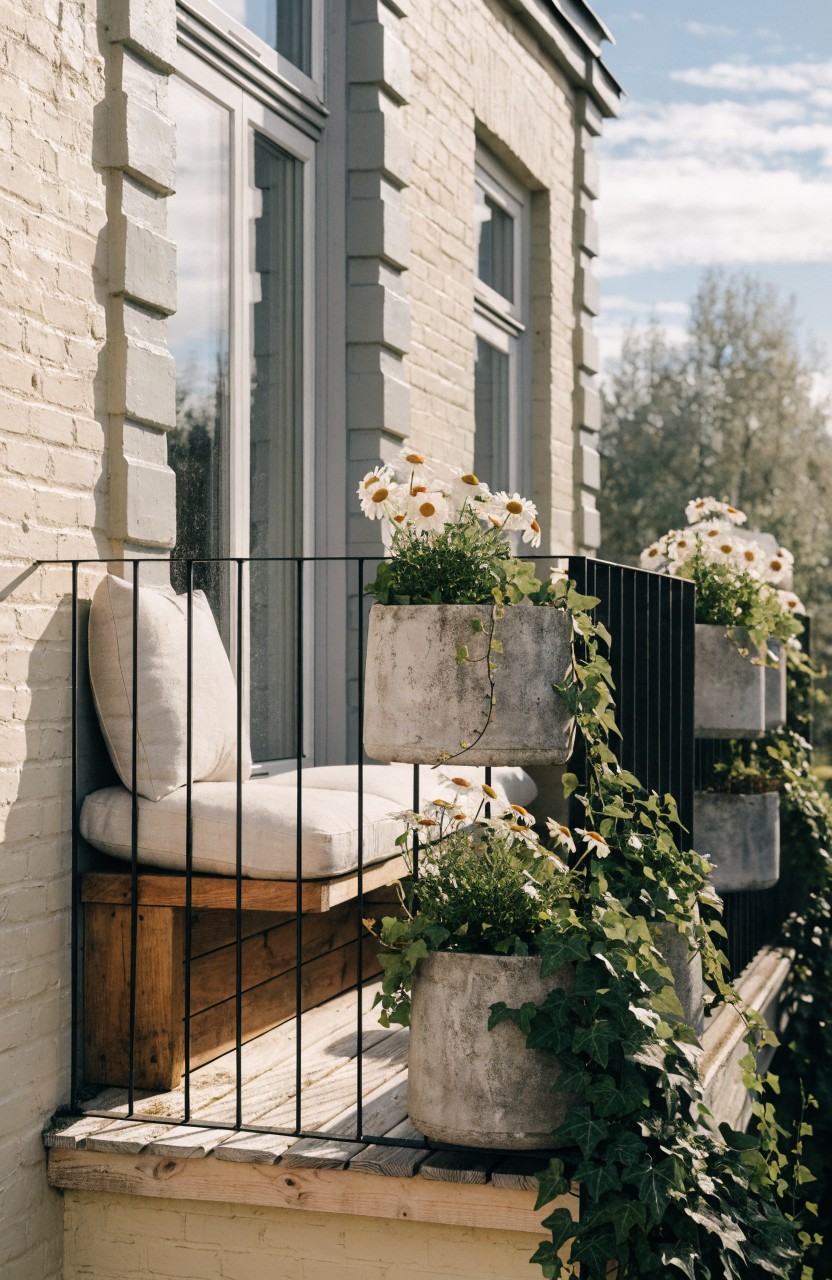 Beige brick house exterior with a second-floor balcony featuring black metal railing, wooden built-in bench with white cushions, and large concrete pots of white daisies and trailing ivy.