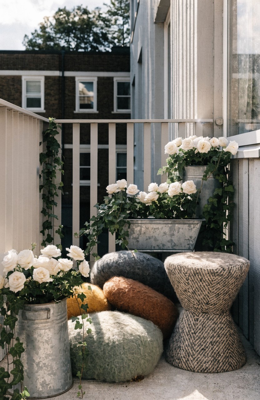 Small balcony corner featuring stacked colorful poufs in orange, green, and gray, woven stools, galvanized metal buckets with white roses, and ivy climbing white railings.