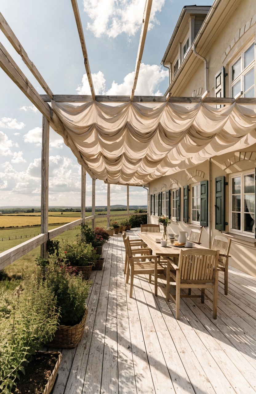 Pale house exterior with elevated wooden deck under pergola draped in beige fabric, wooden table and chairs, potted plants, overlooking fields under partly cloudy sky.