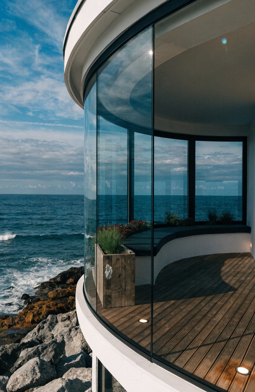 Curved white structure with extensive floor-to-ceiling glass walls and wooden deck overlooking ocean waves and rocks, with potted plants on the ledge.
