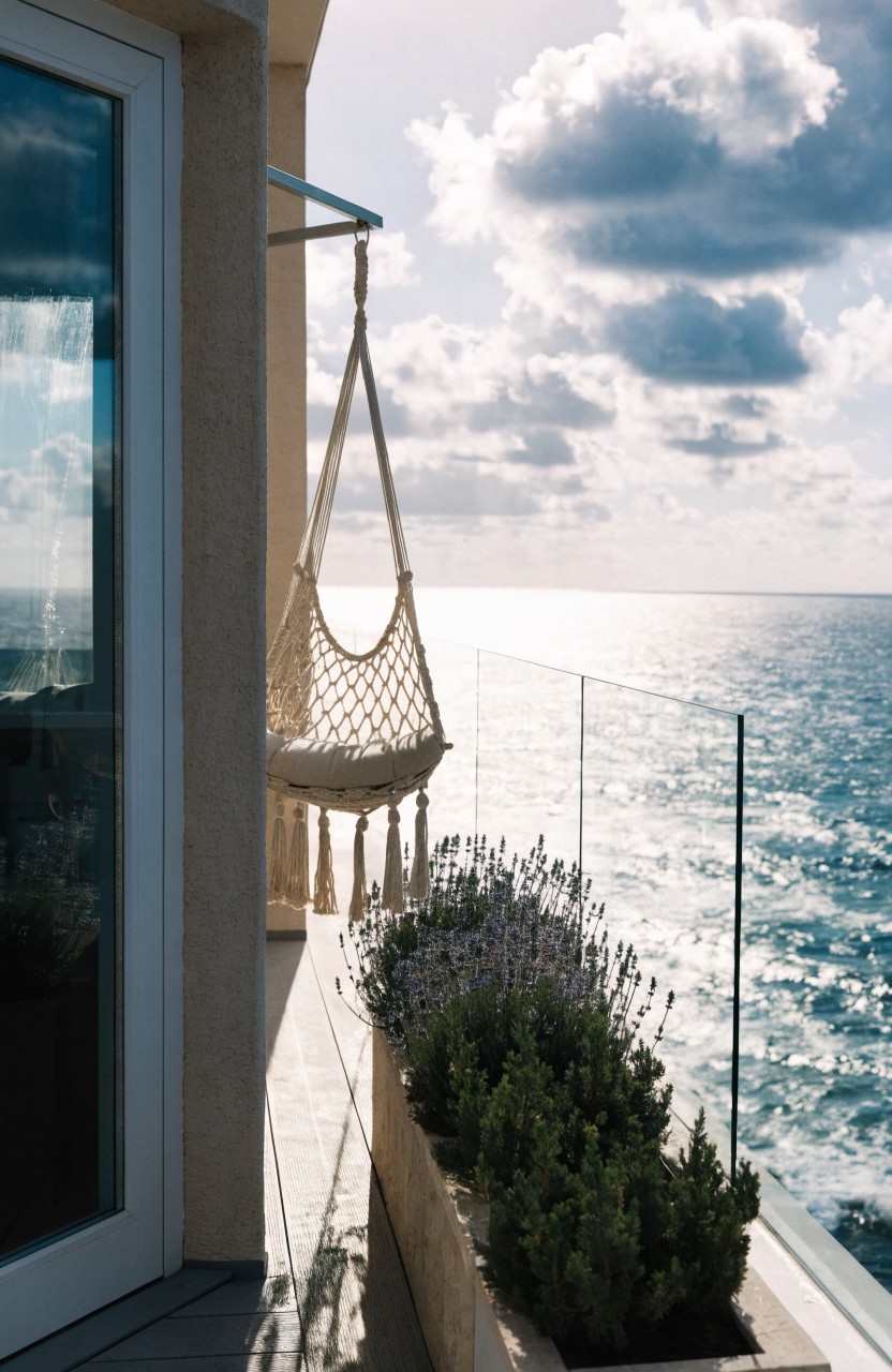 Beige stucco balcony with glass door, hanging knotted rope chair with beige cushions, potted lavender and green plants, glass railing, and sea view under partly cloudy sky.