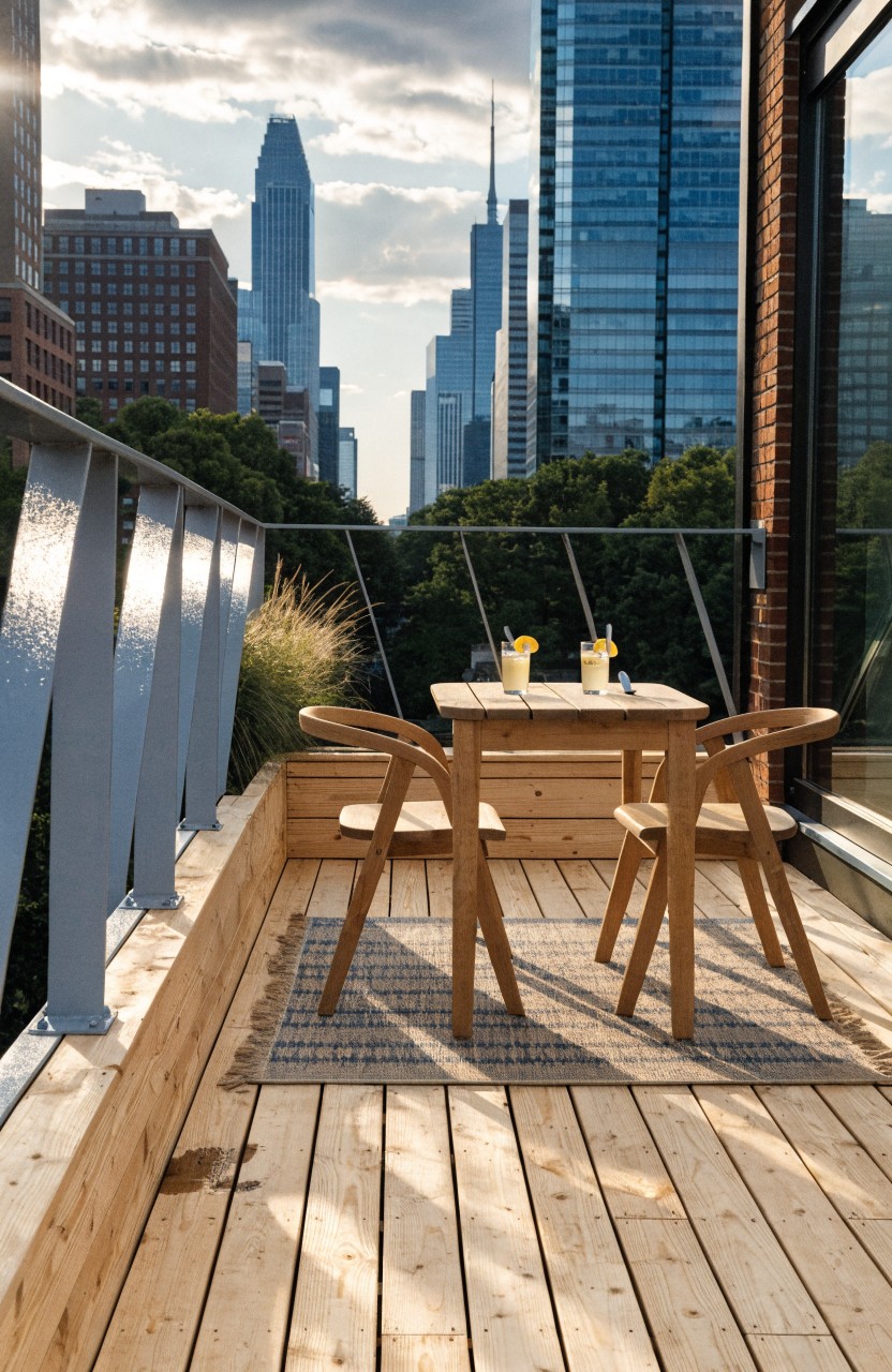 Balcony with light wooden decking, two wooden chairs, small wooden table holding two yellow drinks, metal railing, potted grasses, and city skyline view.