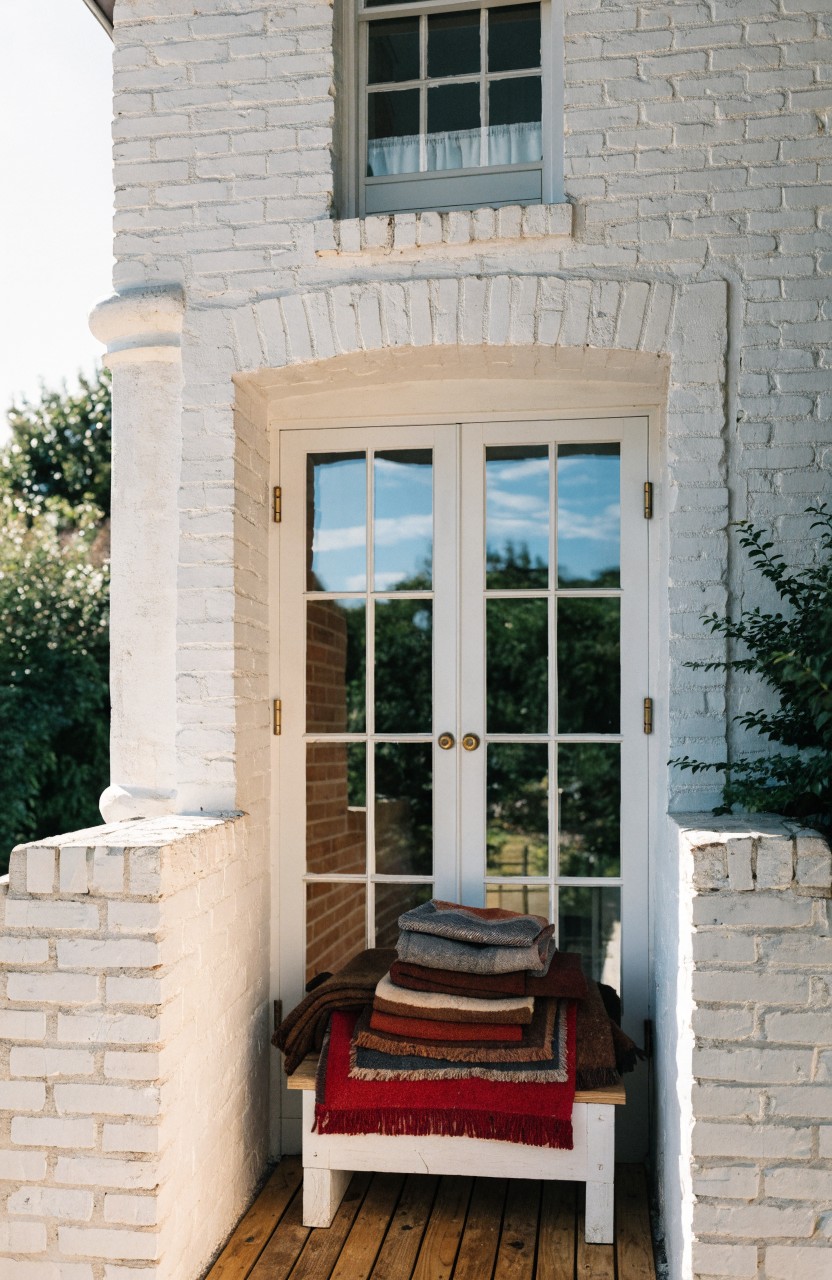 White brick exterior with arched double glass French doors opening onto a wooden deck where a bench holds a stack of folded colorful blankets, flanked by greenery.