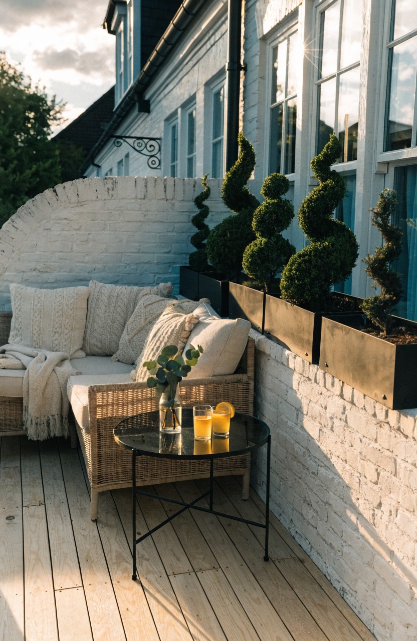 Topiaries Line a Balcony Wall