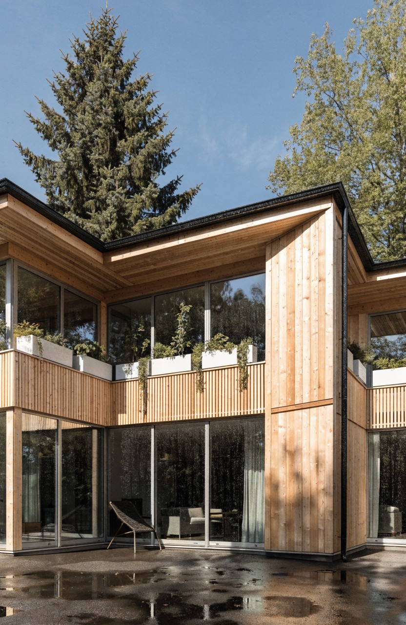 Modern wooden house corner with balcony featuring vertical light wood slats as railing, top planters with greenery, large sliding glass doors, tall pine trees nearby, and wet terrace surface.
