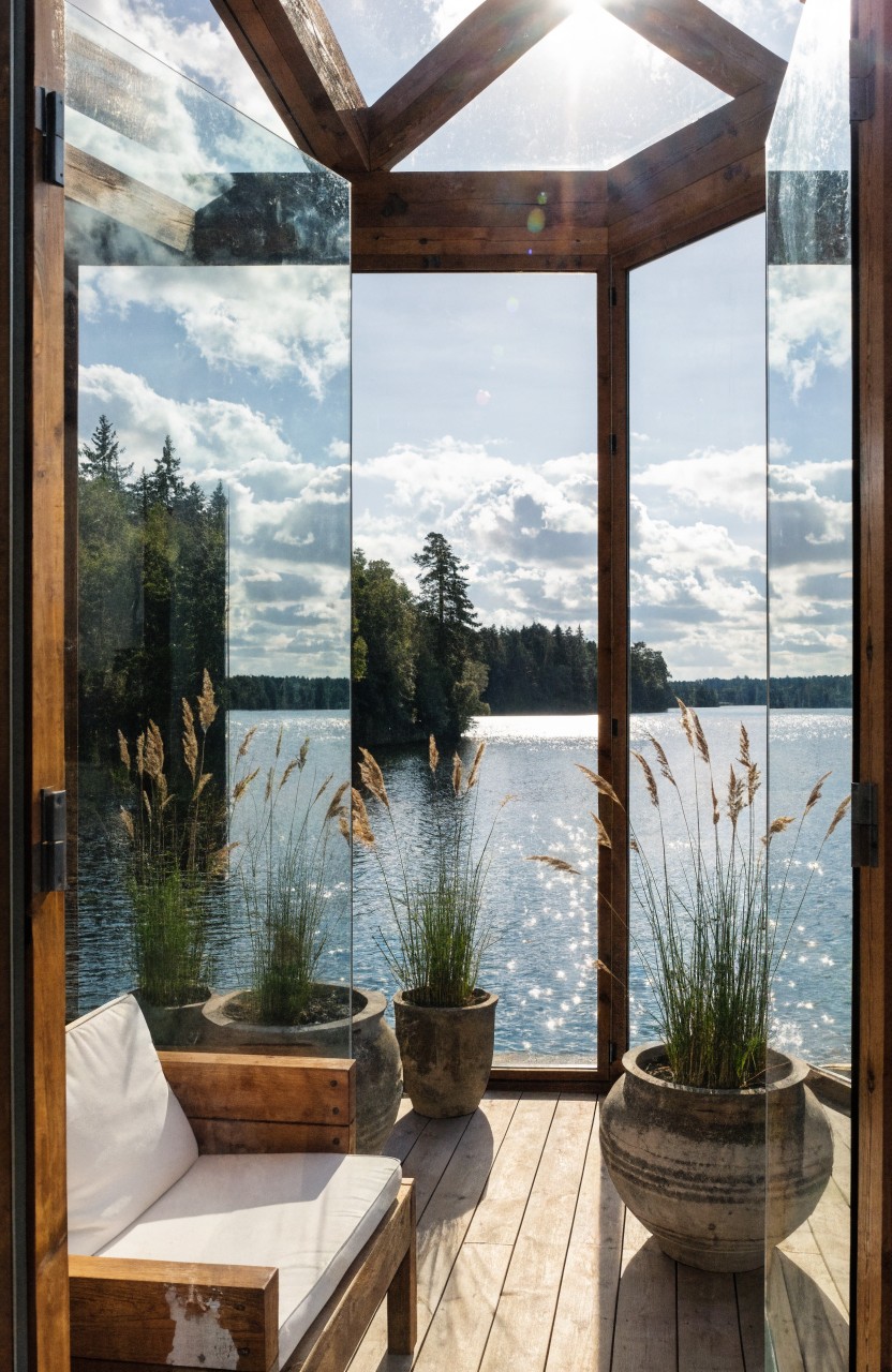 Wooden-framed glass enclosure with open doors on a deck over a lake, potted tall grasses inside, white chair, and forest in background.