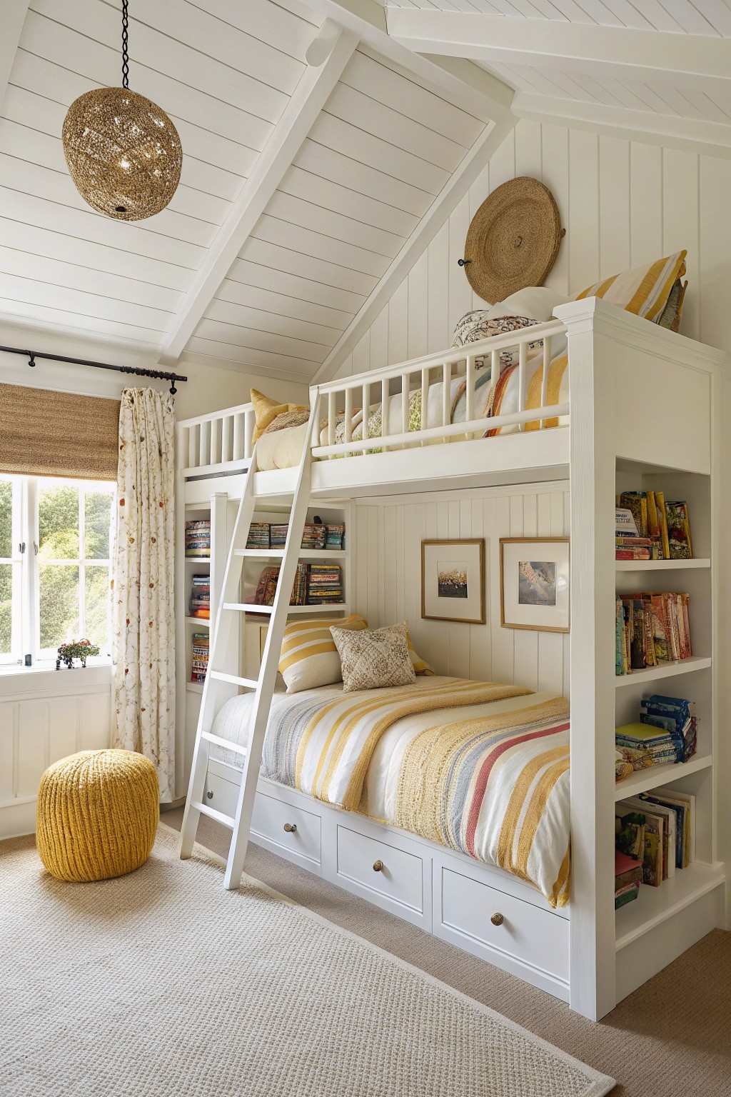Bright white shiplap walls in a cozy bunk bedroom with ladder-accessed top bed, built-in bookshelves, yellow striped bedding, woven pouf, and window with floral curtains