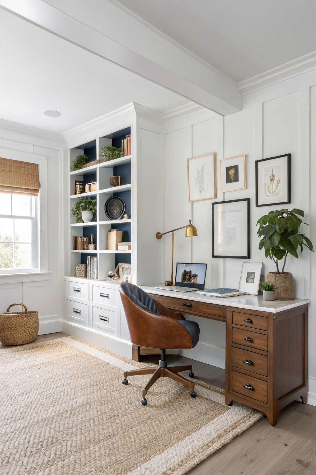 Cozy home office with crisp white paneled walls, white built-in bookshelves filled with books and plants, wood desk with leather chair, and natural light from window