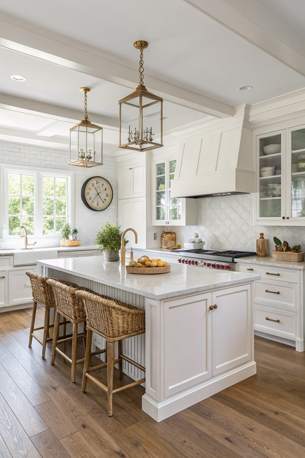 Crisp white shaker cabinets and island in a bright kitchen with wood floors and rattan stools
