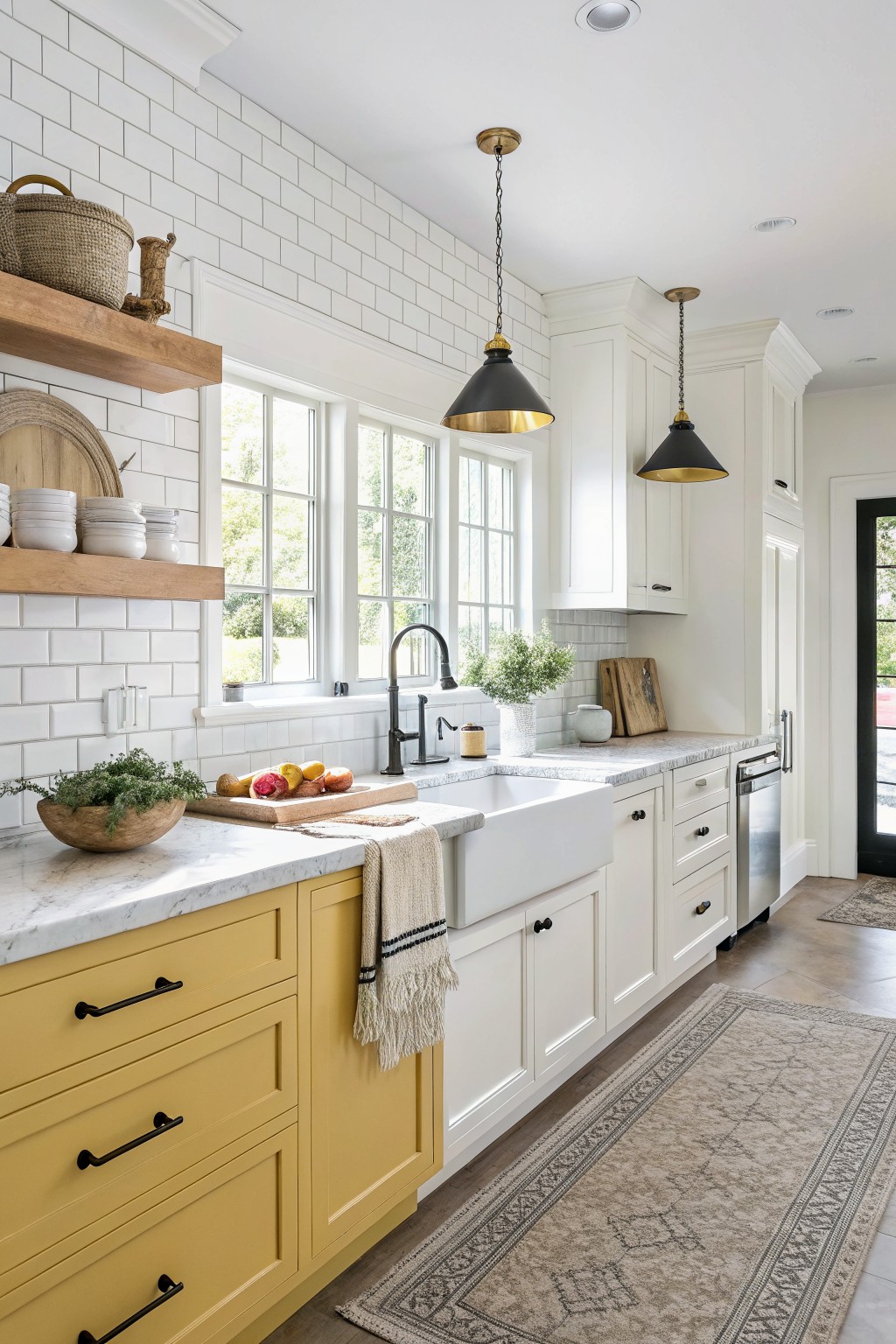 Bright kitchen featuring crisp white shaker cabinets on top with yellow cabinets below, white subway tile backsplash, farmhouse sink, and gold pendant lights over a marble countertop