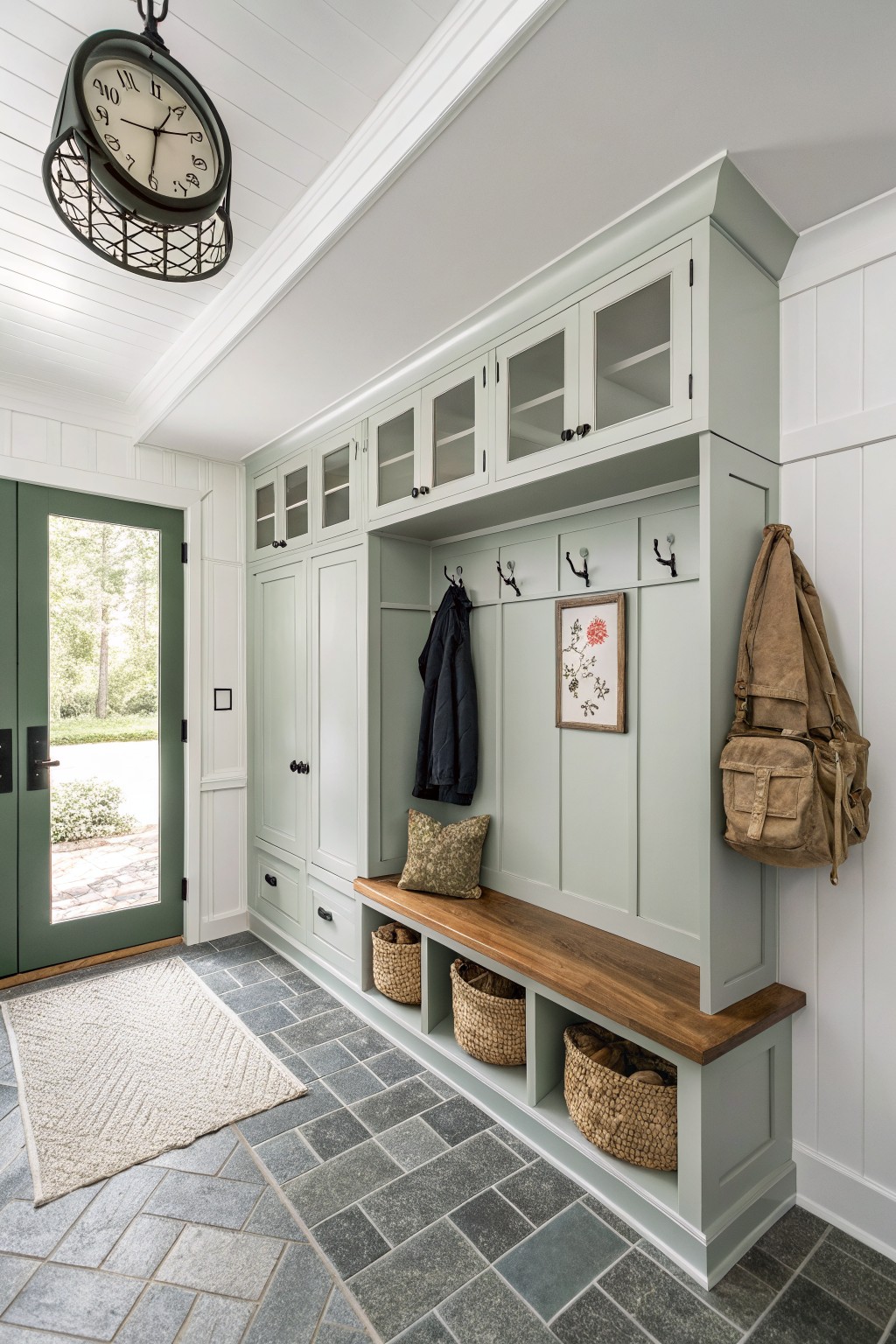 Mudroom with crisp white shiplap walls, sage green cabinets, wood bench, and slate tile floor