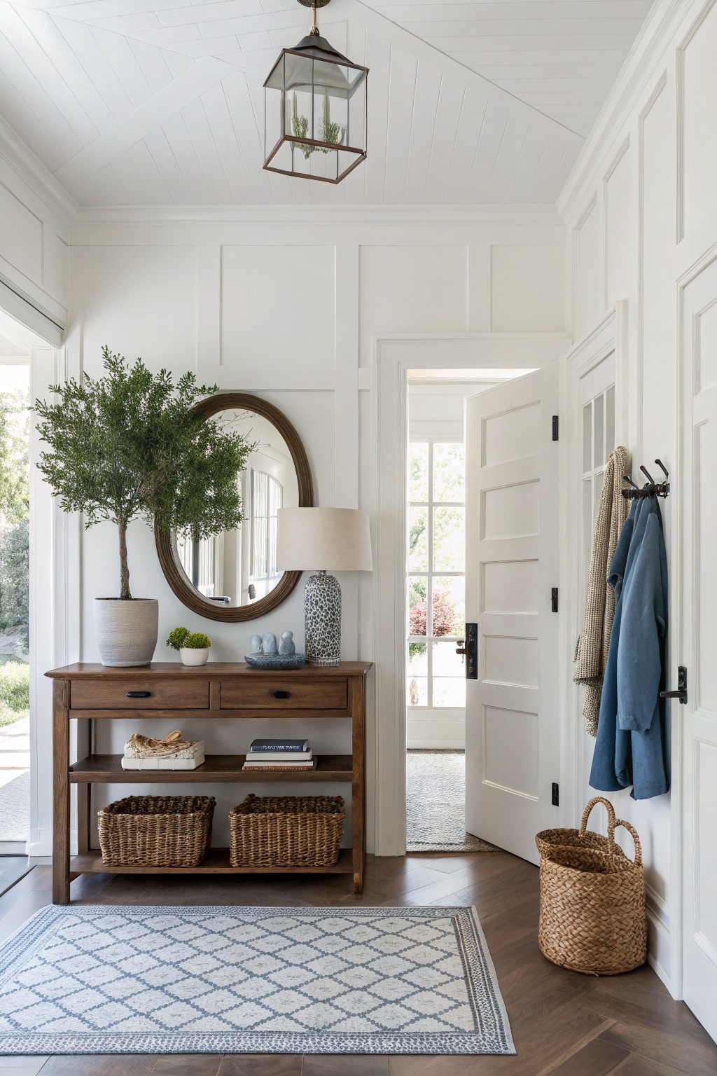 Bright white board-and-batten paneled entryway console table topped with potted tree, mirror, lamp, and blue ceramics, wood floors, seagrass baskets, open door to yard