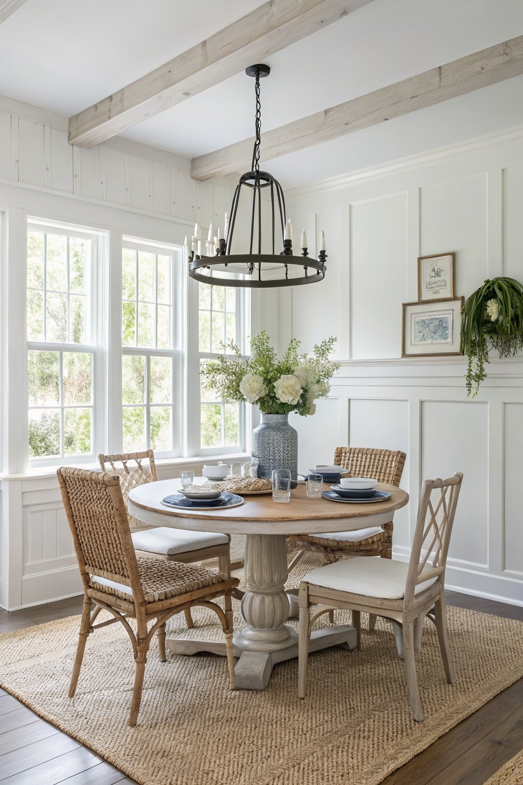 Bright dining nook with crisp white board-and-batten walls, exposed wood beams, round pedestal table, rattan chairs, and large sunny windows