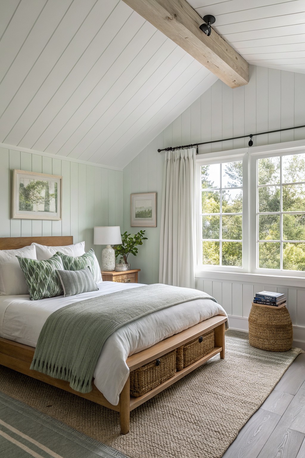 Attic bedroom featuring crisp white shiplap ceiling with wooden beams, pale sage green paneled walls, wooden bed, and large windows with views of green trees