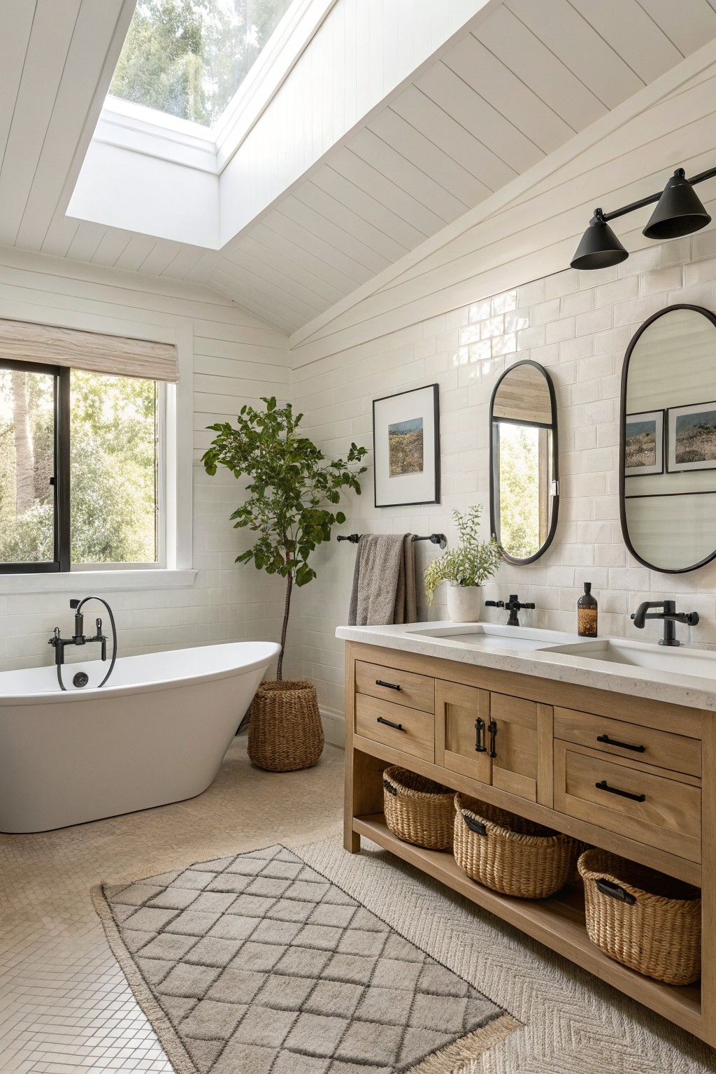 Crisp white shiplap walls brightening a bathroom with freestanding tub and wood vanity