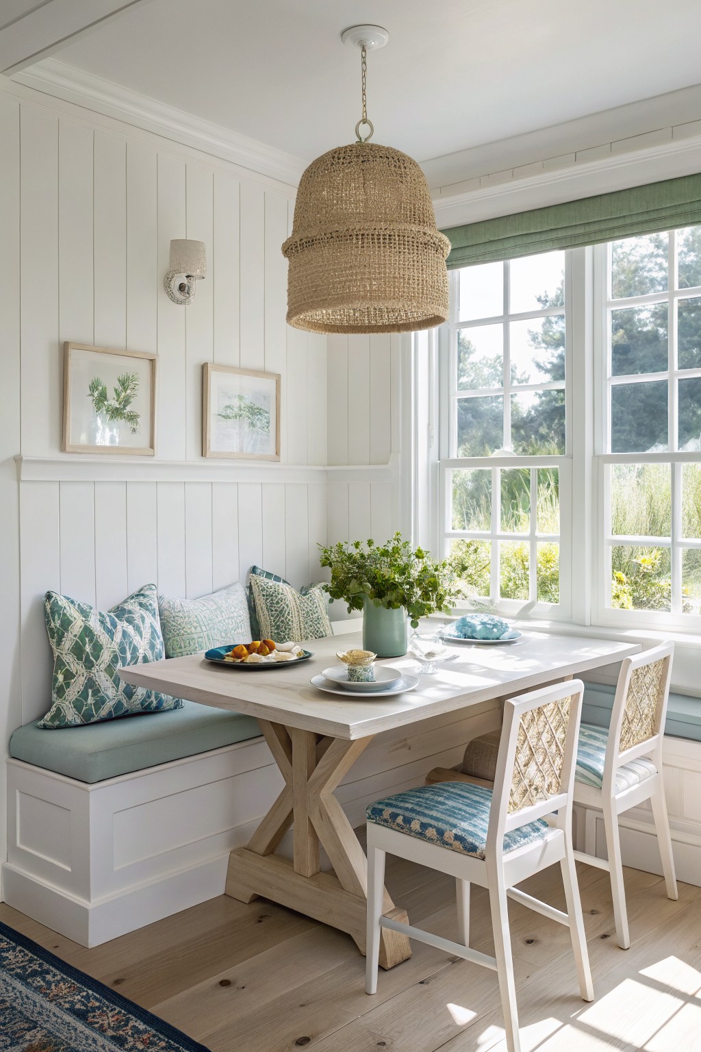 Bright white shiplap walls in a sunny breakfast nook with wood table, blue cushions, and green plants