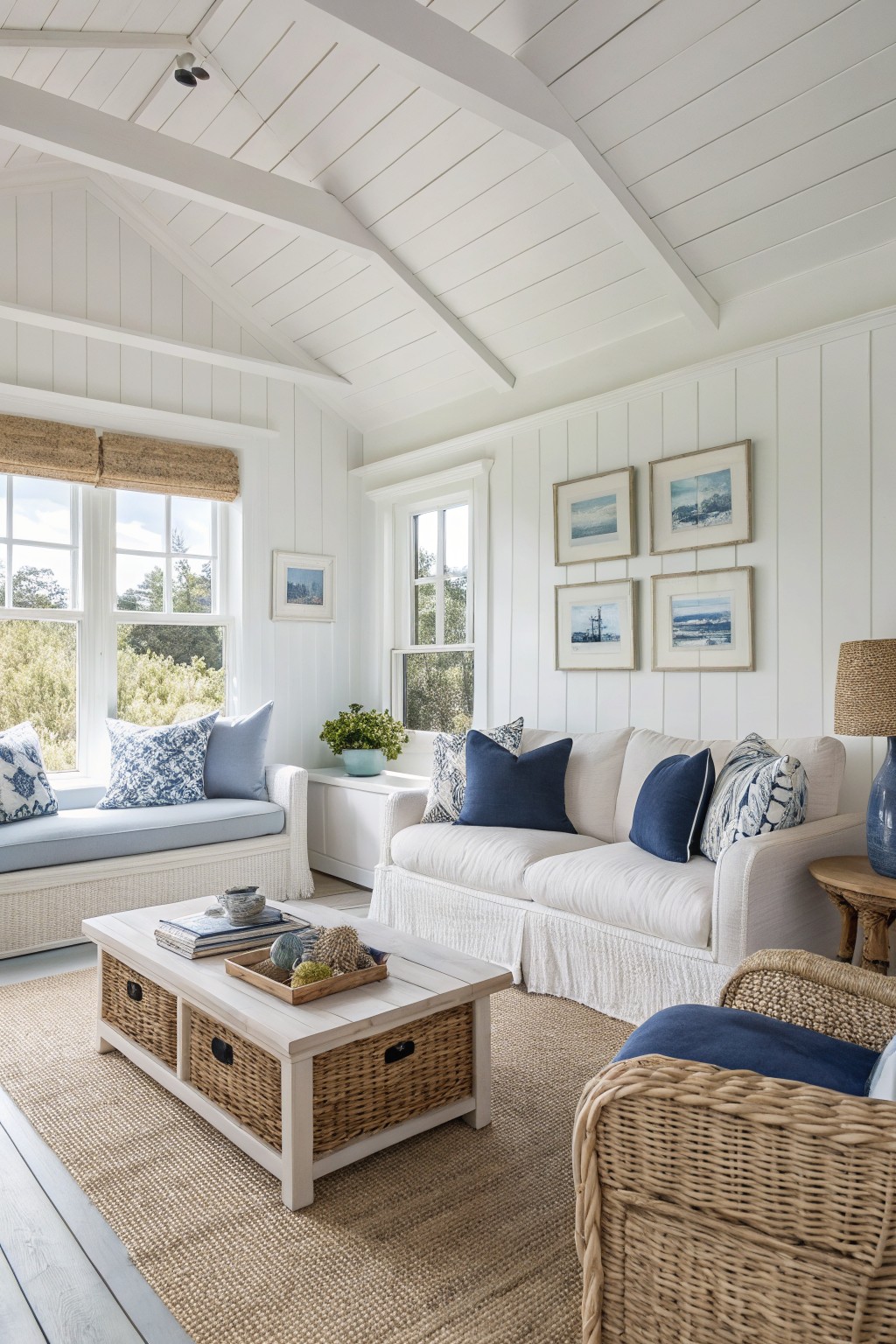 Bright coastal living room featuring white shiplap walls and ceiling beams, a white slipcovered sofa with blue pillows, window bench, rattan chairs, seagrass rug, and large windows with views of trees