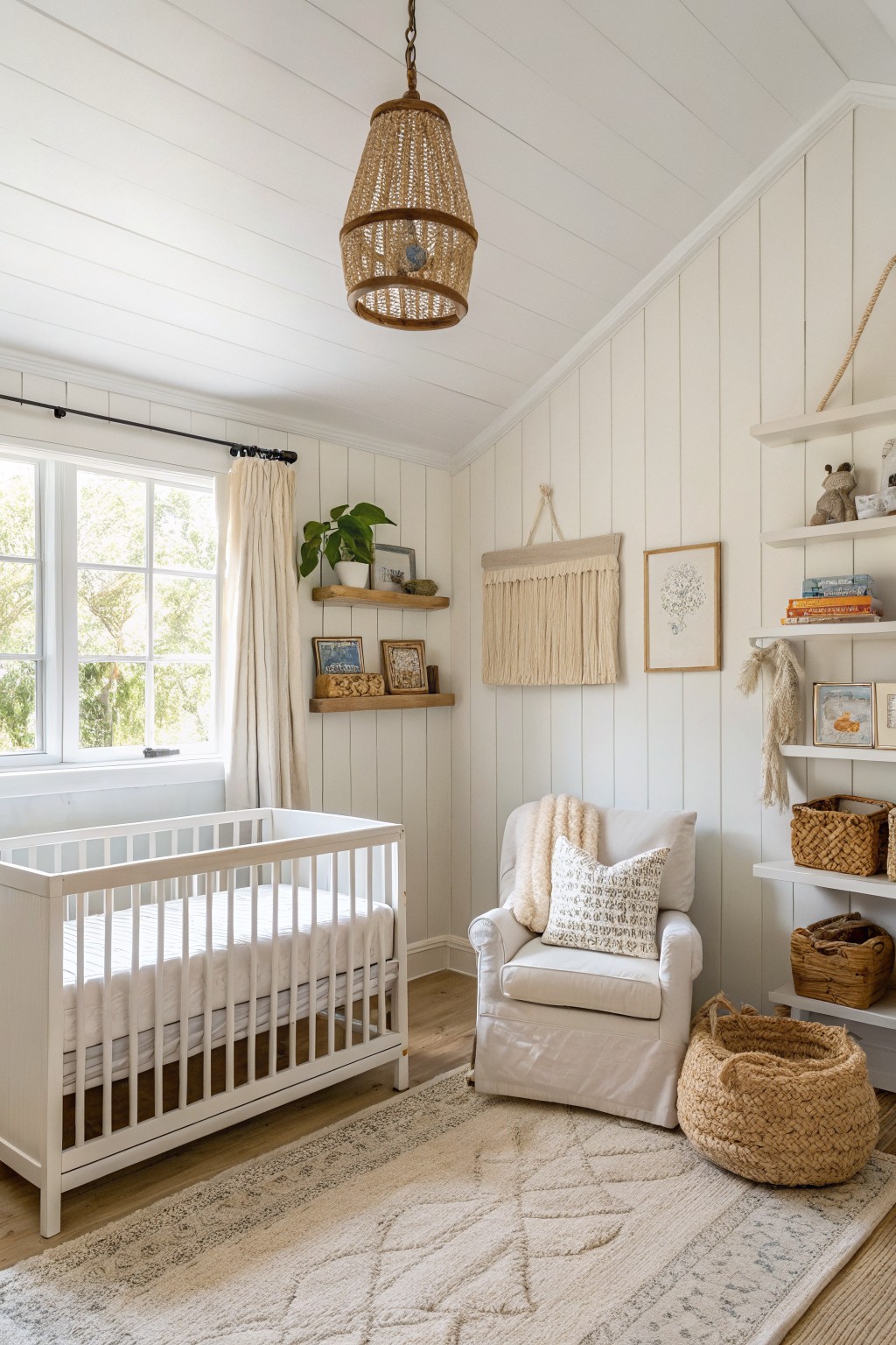 Cozy nursery with crisp white shiplap walls, white crib, rattan accents, and natural light from window