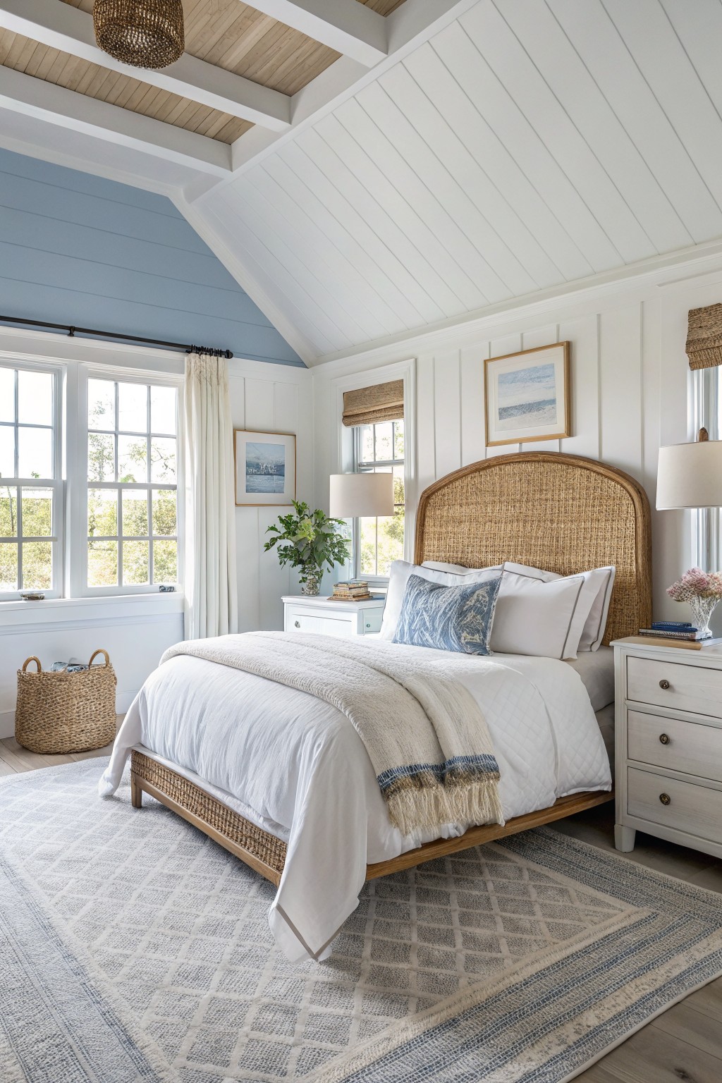 Coastal bedroom with crisp white shiplap walls, rattan bed frame, white bedding, and woven accents
