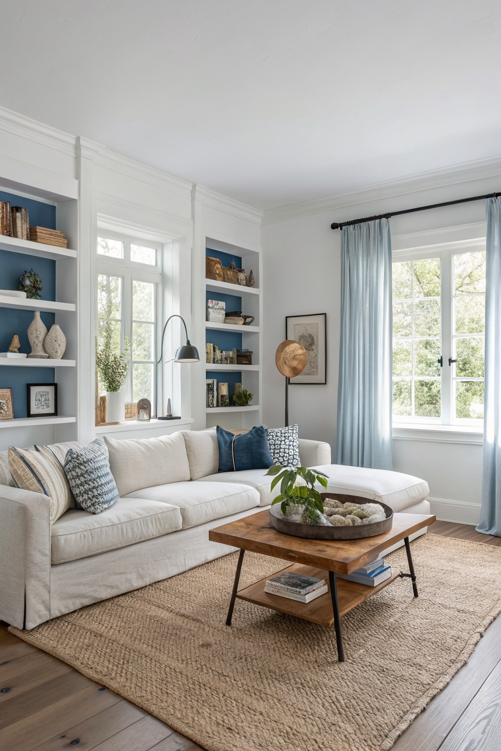 Crisp white walls framing navy built-in shelves in a bright living room with white sofa and wood floors