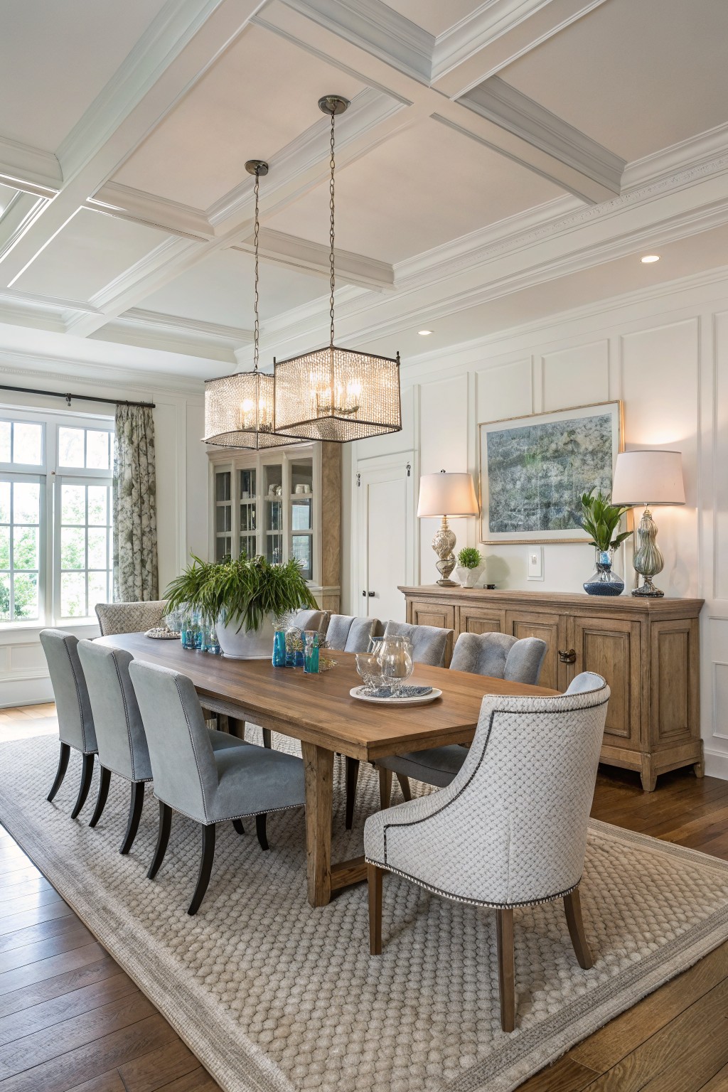 Dining room featuring crisp white walls with coffered ceiling, long wooden table, gray upholstered chairs, and wooden sideboard