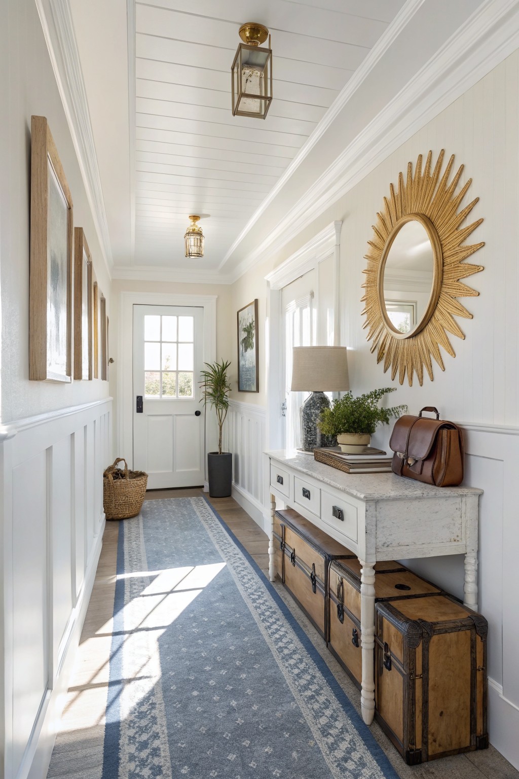Bright white paneled hallway with wainscoting, white console table holding plants and leather bag, gold sunburst mirror, wood trunks, blue runner rug, and front door with sidelights