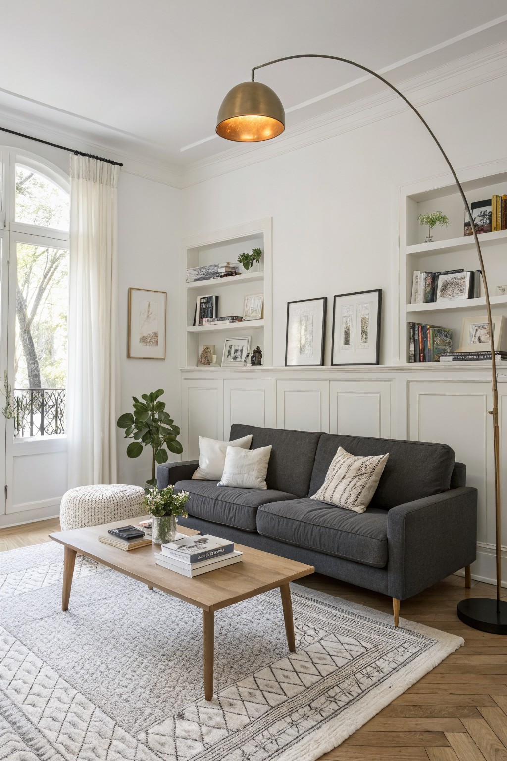 Bright living room with crisp white paneled walls, gray sofa, oak floors, wood coffee table, and arched windows letting in natural light