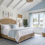 Coastal bedroom with crisp white shiplap walls, rattan bed frame, white bedding, and woven accents