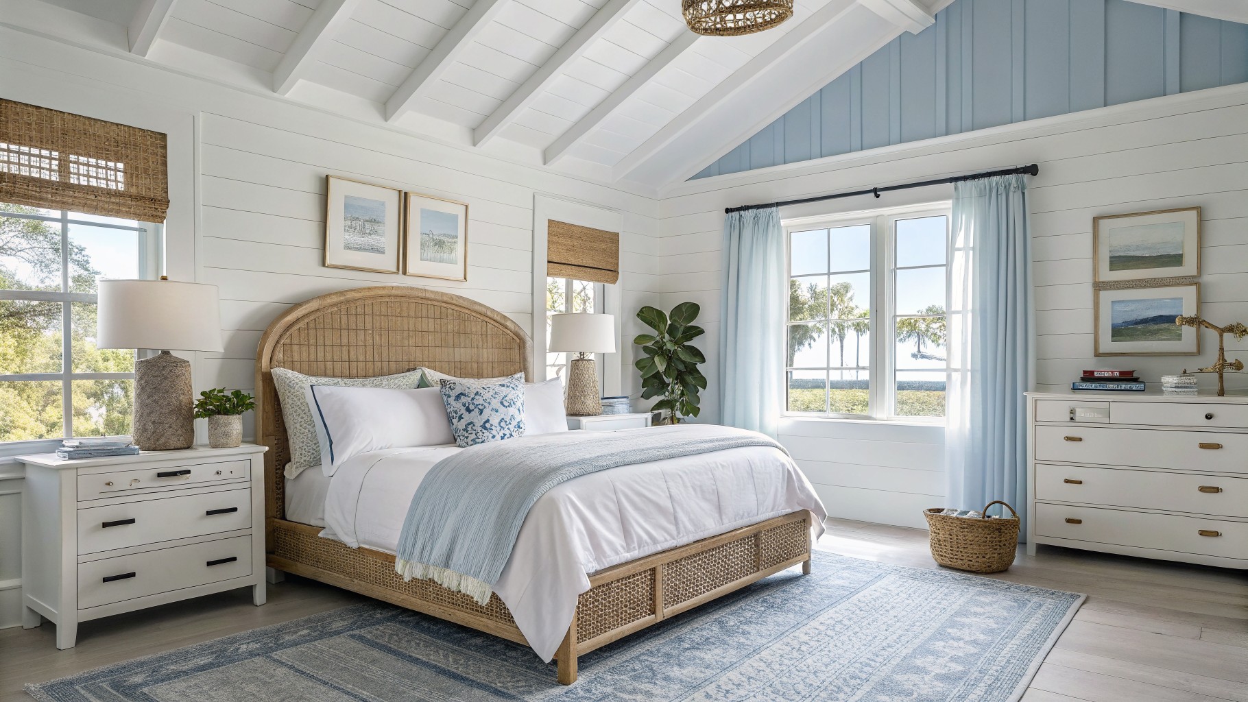 Coastal bedroom with crisp white shiplap walls, rattan bed frame, white bedding, and woven accents