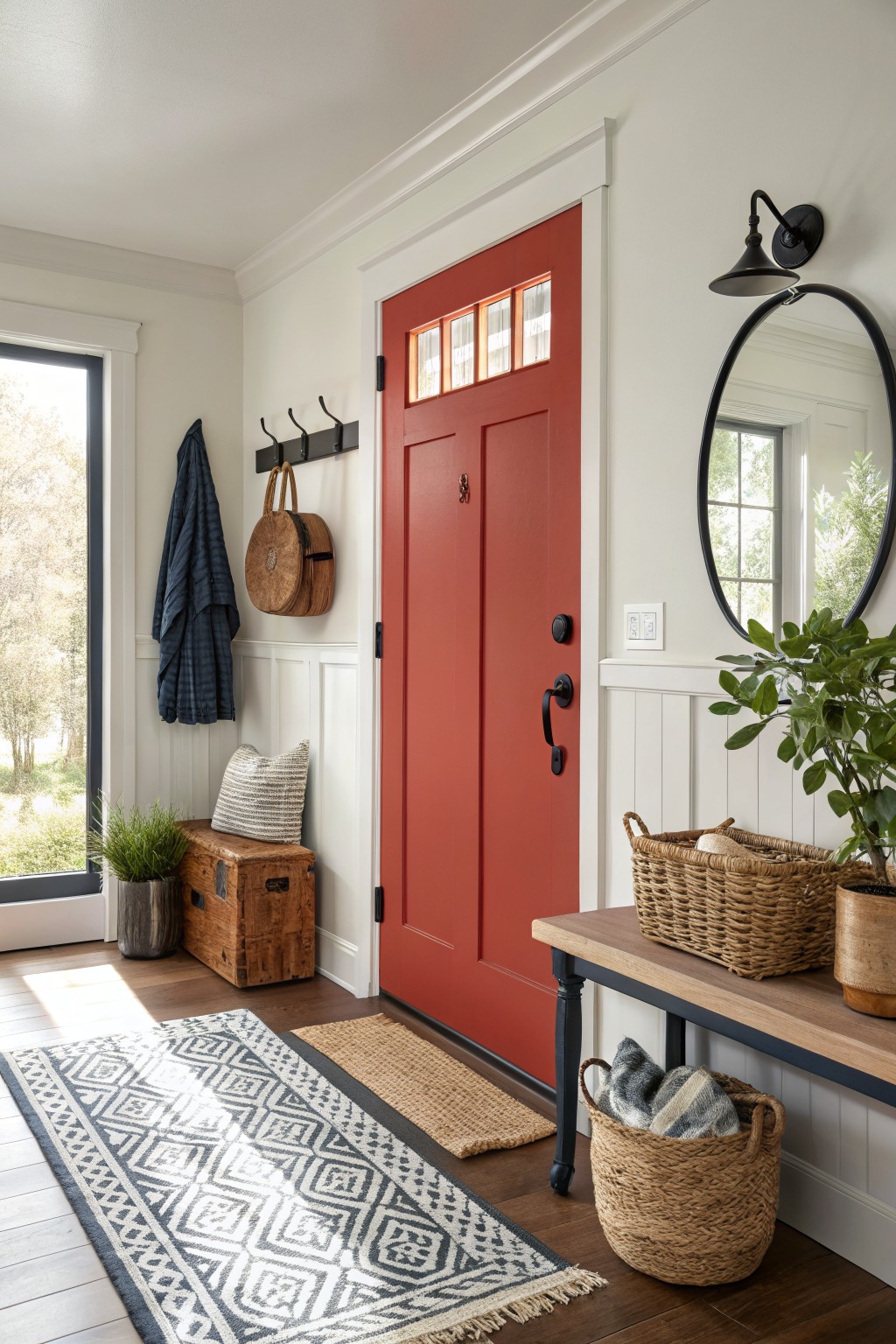 Cozy entryway with a vibrant red front door, white wainscoting, wood bench, and woven baskets