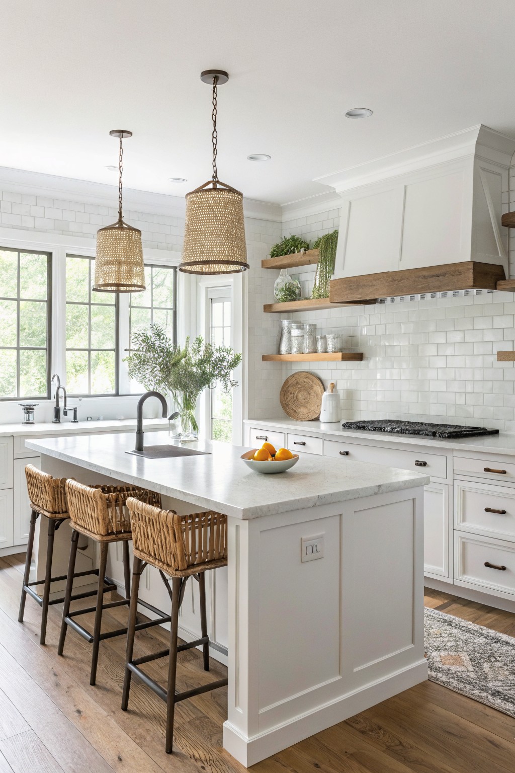Bright white shaker-style kitchen with rattan pendant lights over a white island, subway tile backsplash, wood range hood, and stools