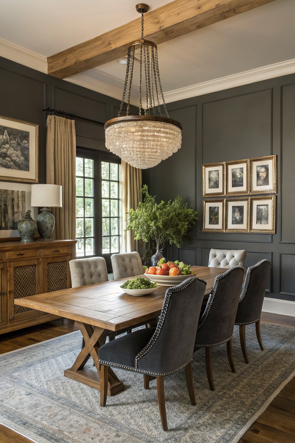Elegant dining room with deep charcoal gray paneled walls, wooden trestle table, tufted velvet chairs, crystal chandelier, and large window with natural light