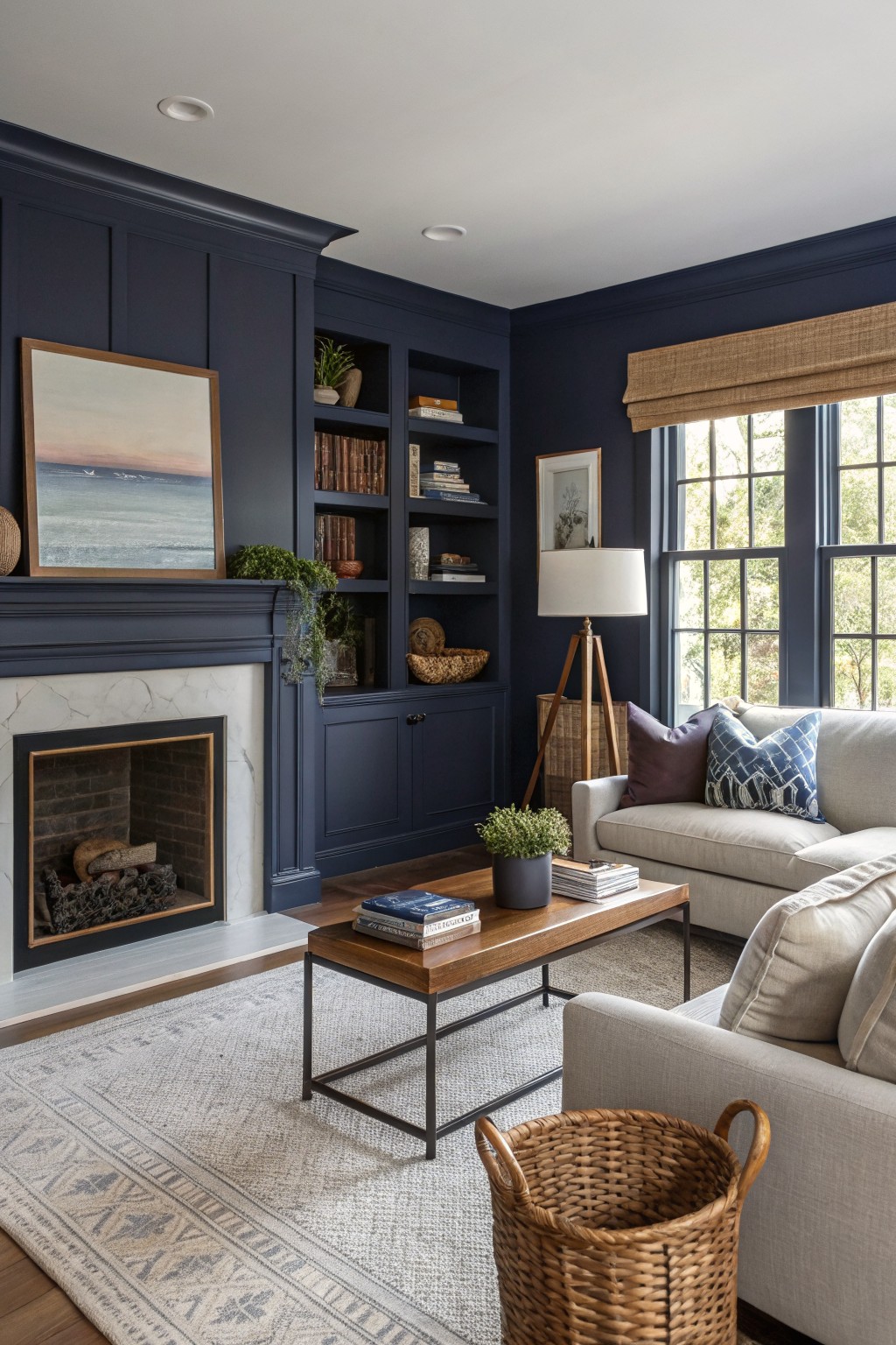 Cozy study with deep navy paneled walls and bookshelves framing a marble fireplace, cream sofa, wood coffee table, and large windows