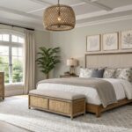 Bedroom with warm white board-and-batten walls, beige upholstered bed, wood nightstands, rattan bench and pendant, neutral rug on hardwood floors