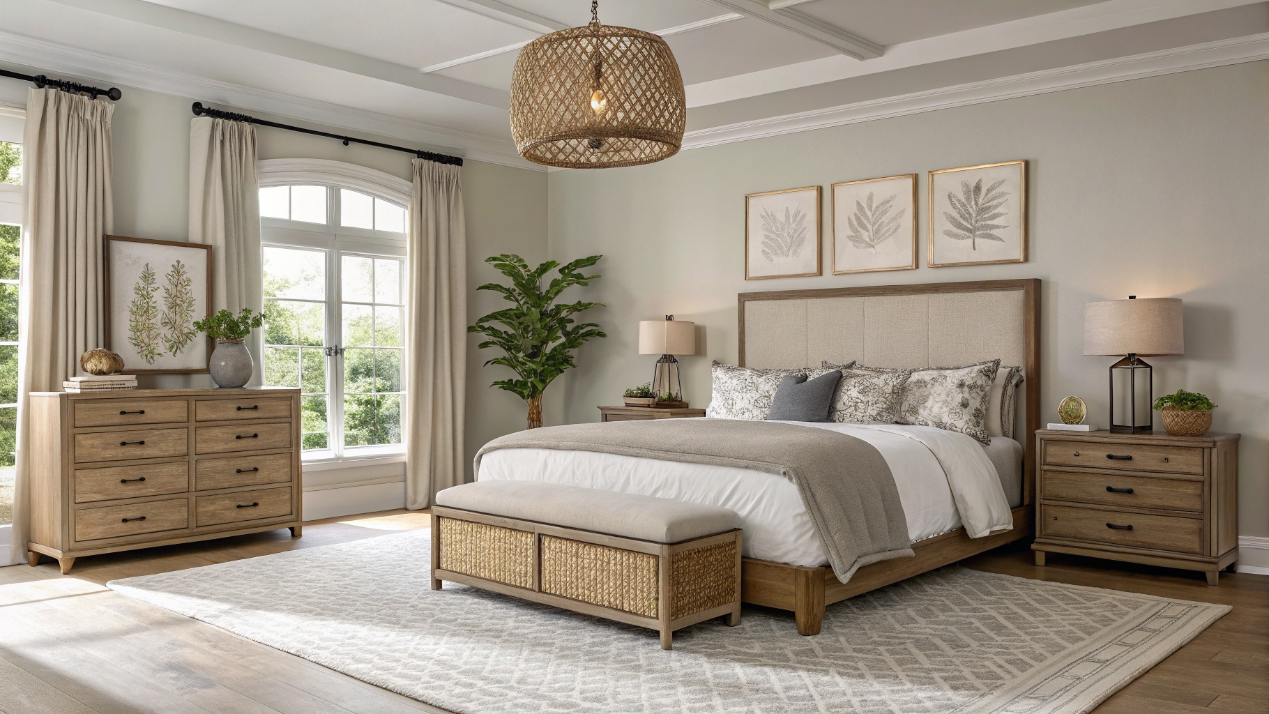 Bedroom with warm white board-and-batten walls, beige upholstered bed, wood nightstands, rattan bench and pendant, neutral rug on hardwood floors