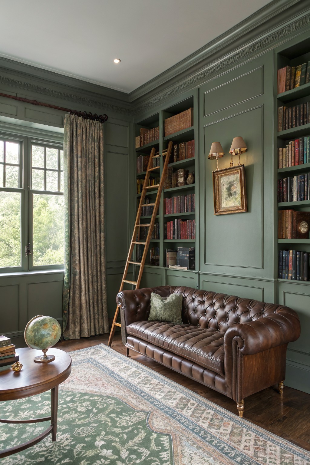 Traditional library with muted sage green paneled walls, tufted leather sofa, wooden ladder to bookshelves, globe on side table, and window with trees outside