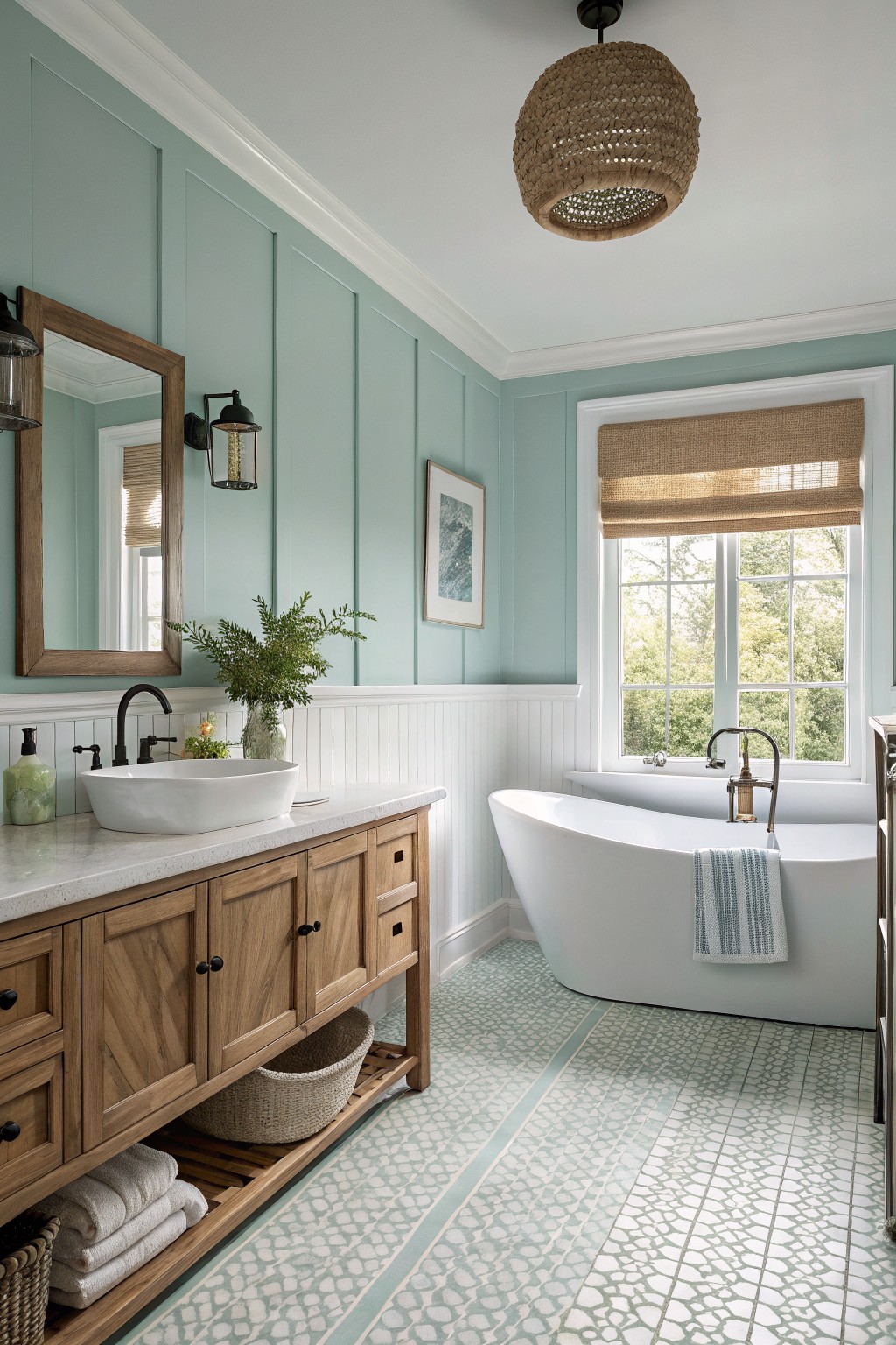Serene coastal bathroom featuring pale blue-green shiplap walls, white freestanding tub, wooden double vanity, and bamboo shades on the window