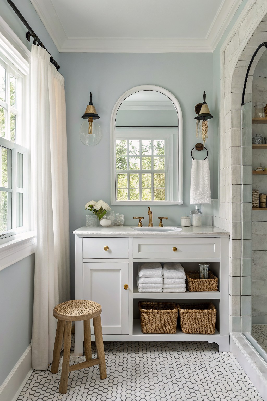 Serene bathroom featuring pale blue walls, white shaker vanity with brass faucet, round mirror, woven stool, hex tile floor, and arched shower niche