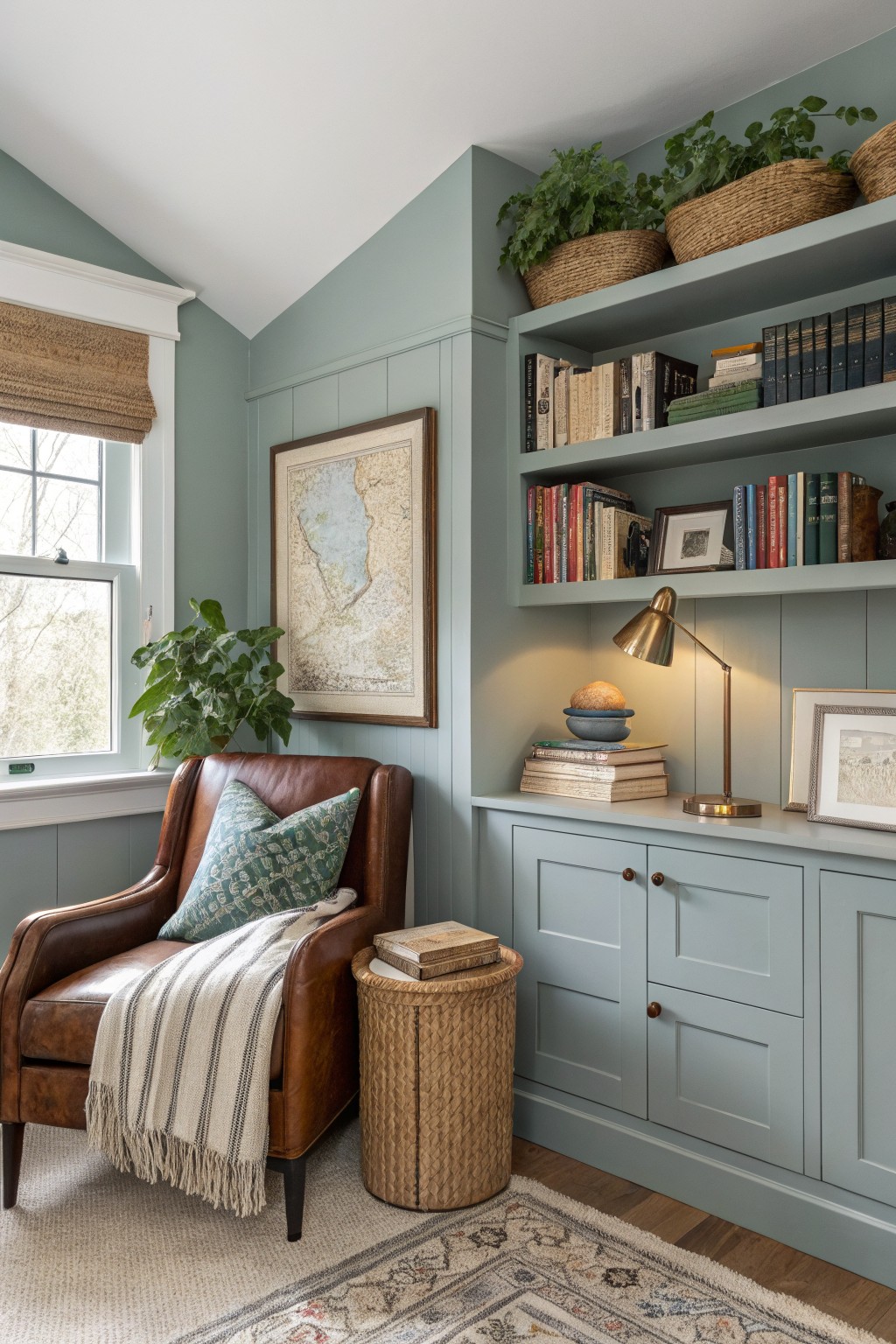 Cozy attic reading nook with pale blue-green paneled walls and built-in bookshelves stocked with books and plants, leather armchair draped in a striped throw, brass lamp on shelf, potted plants, and window light.