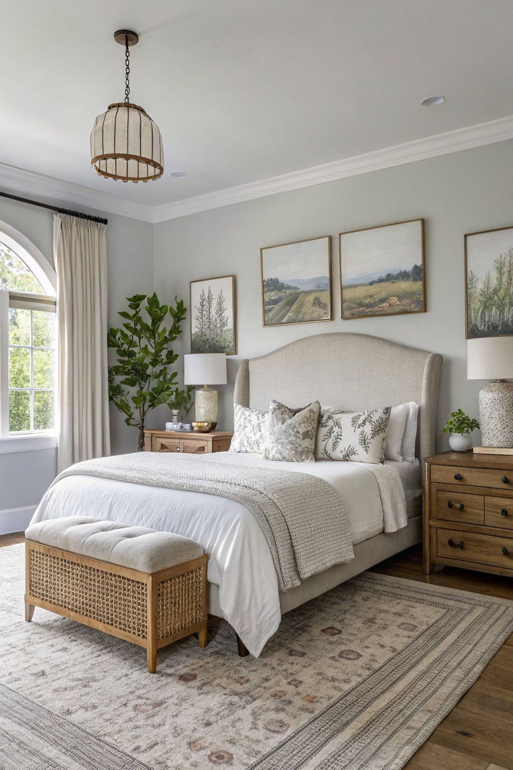 Serene bedroom featuring soft greige walls, beige upholstered bed with white linens, wooden nightstands, rattan bench, potted plants, and landscape artwork above the bed.