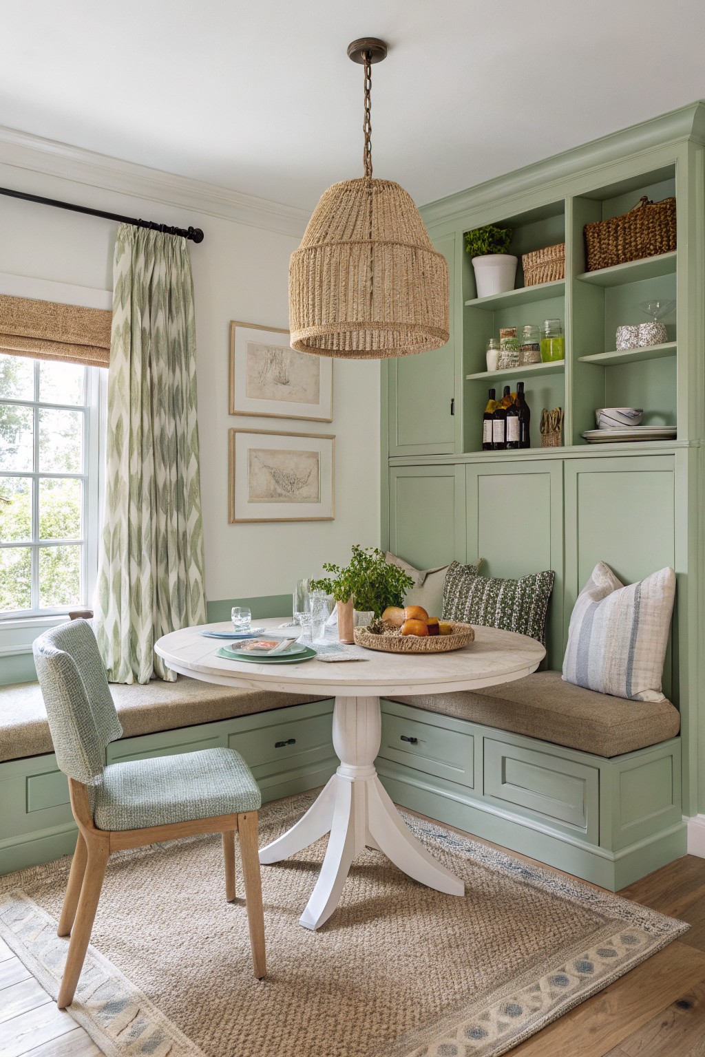 Cozy breakfast nook featuring soft sage green cabinetry and walls, round white pedestal table with bench seating, rattan pendant light, and window with green patterned curtains