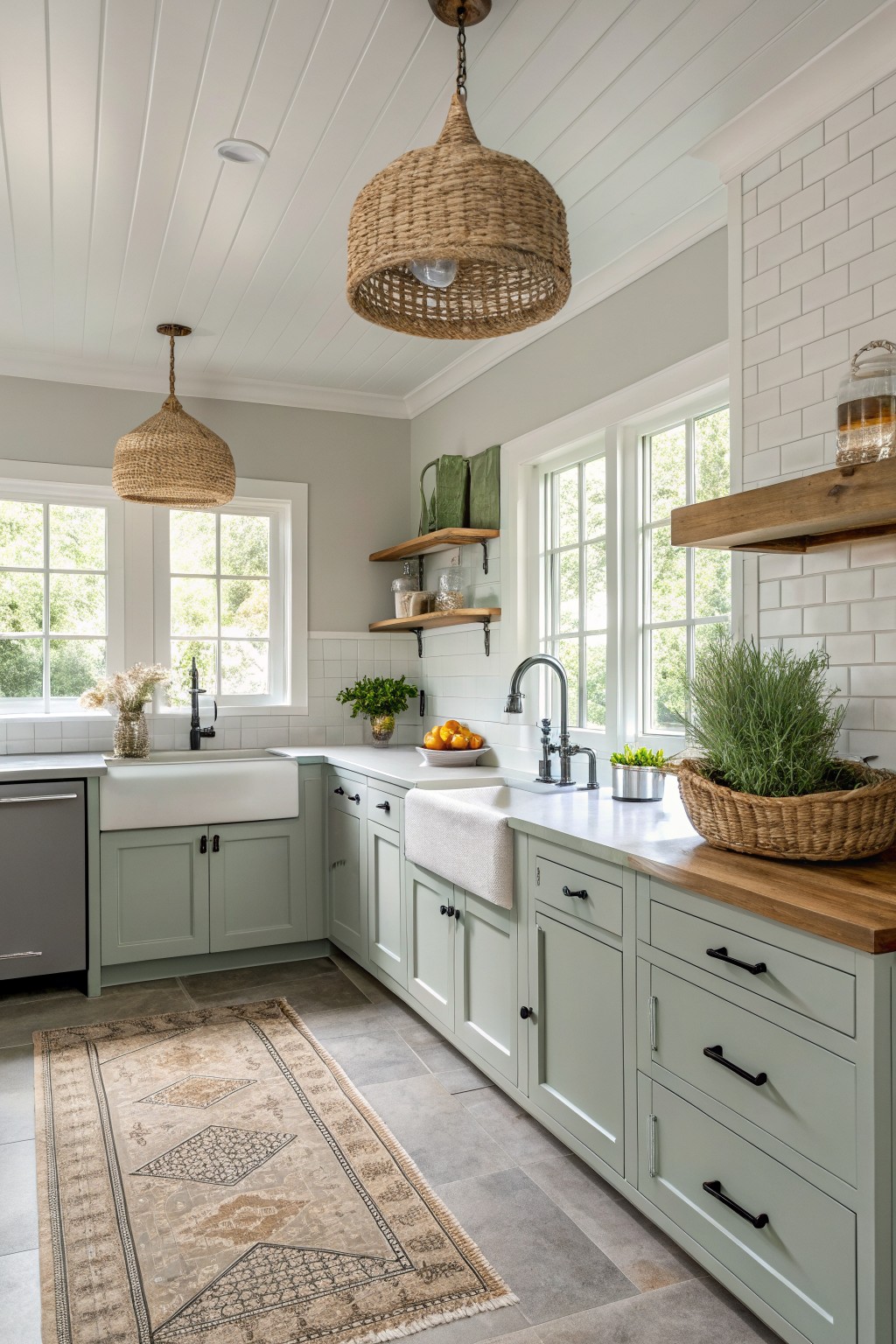 Kitchen with pale sage green cabinets, white subway tile backsplash, woven pendant lights, and wood open shelves