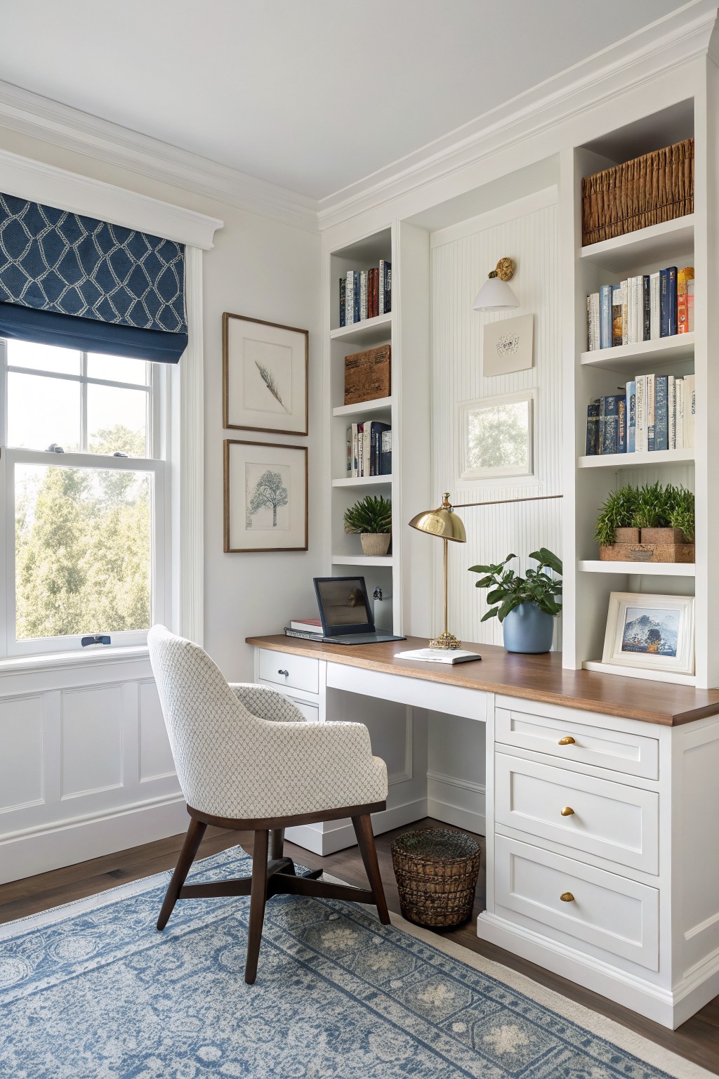 Cozy home office with soft white paneled walls and built-in bookcases framing a wood desk, navy curtains, and plants