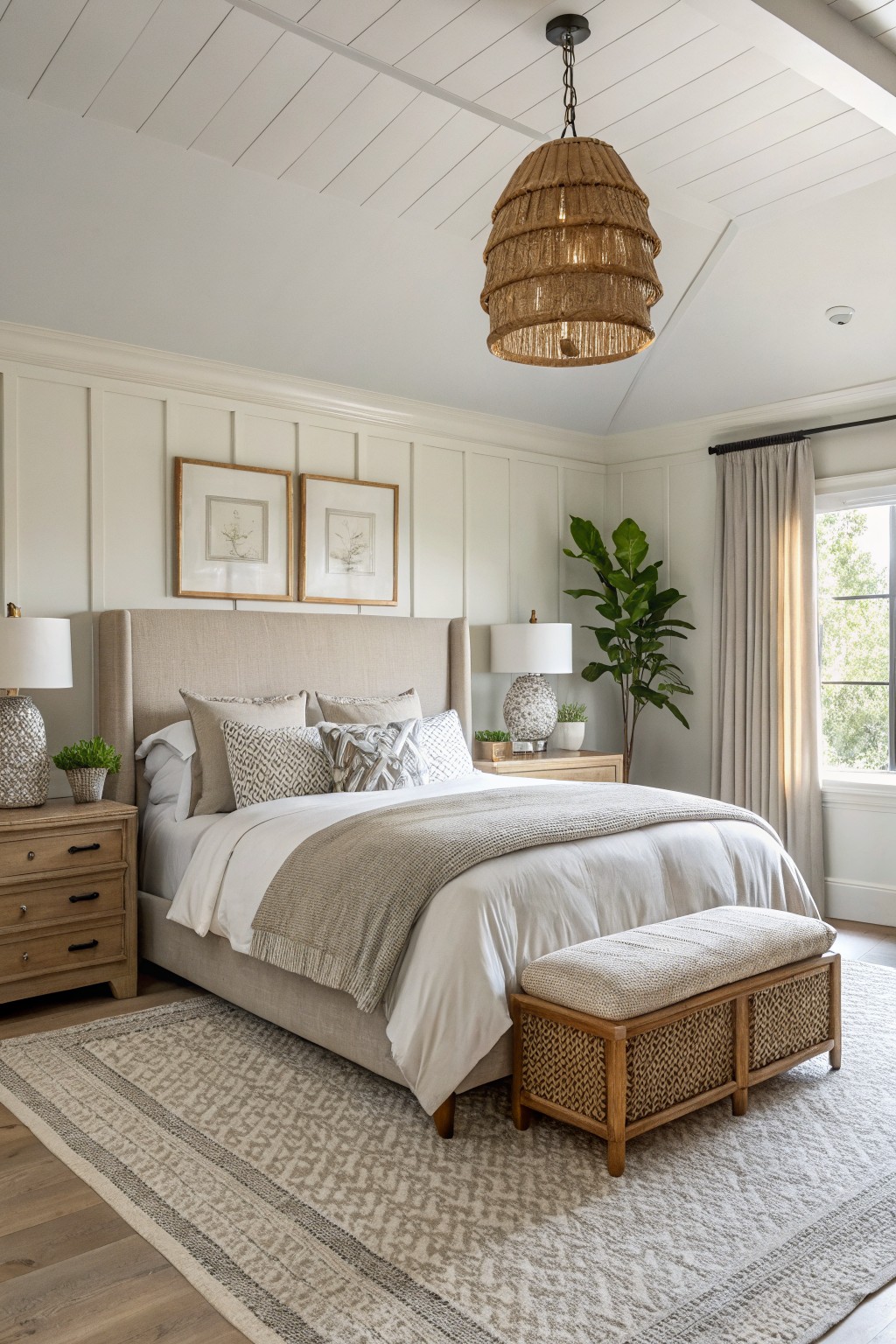 Bedroom with warm white board-and-batten walls, beige upholstered bed, wood nightstands, rattan bench and pendant, neutral rug on hardwood floors