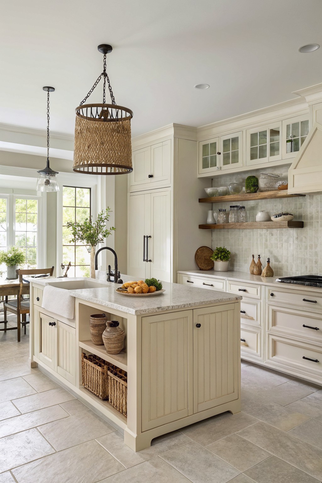 Bright kitchen featuring creamy white beaded cabinets on an island with farmhouse sink, woven pendant lights, wood open shelves, and white subway tile backsplash