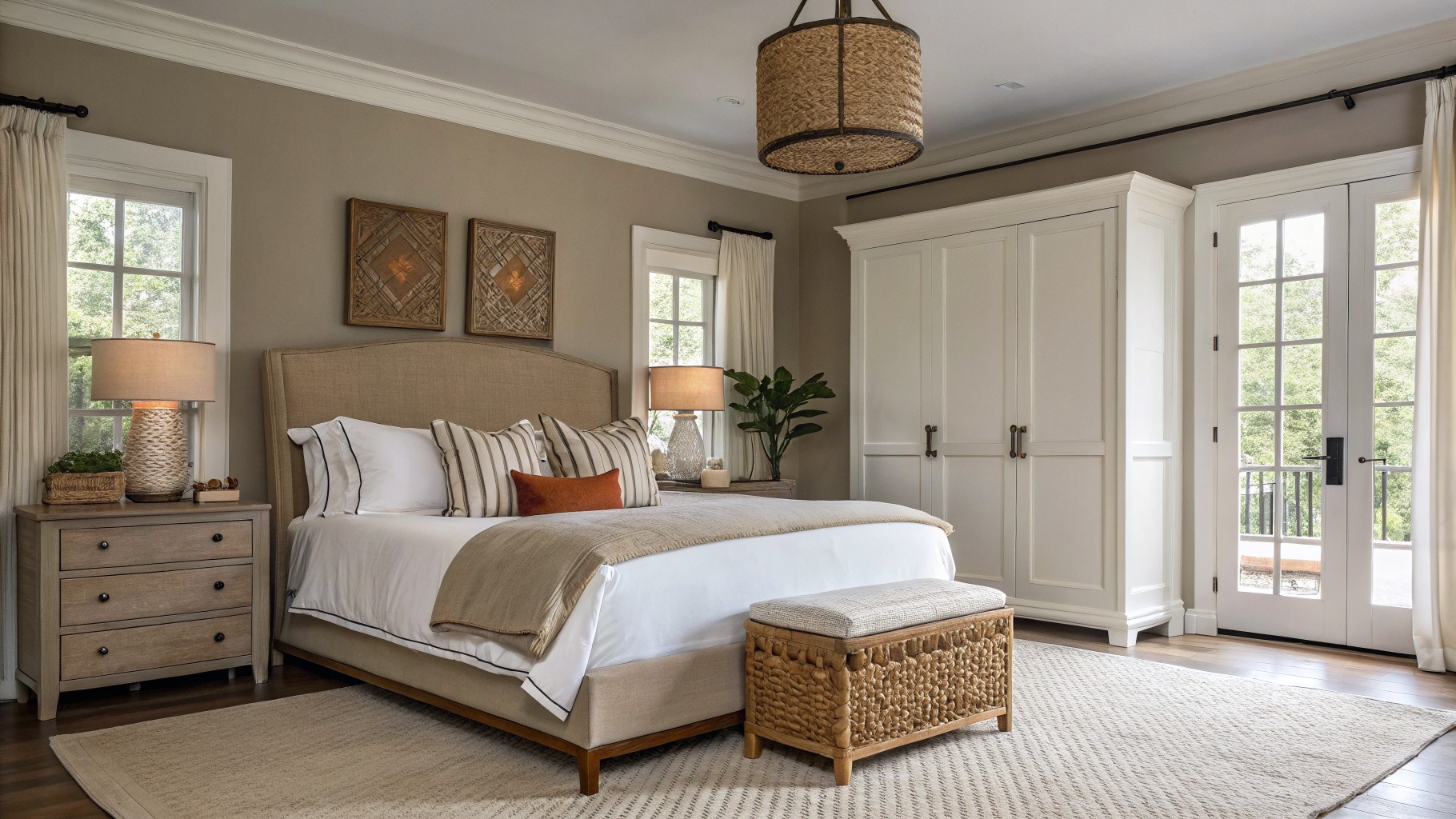 Bedroom interior with soft greige walls, beige tufted bed, wood furniture, and French doors to outdoors