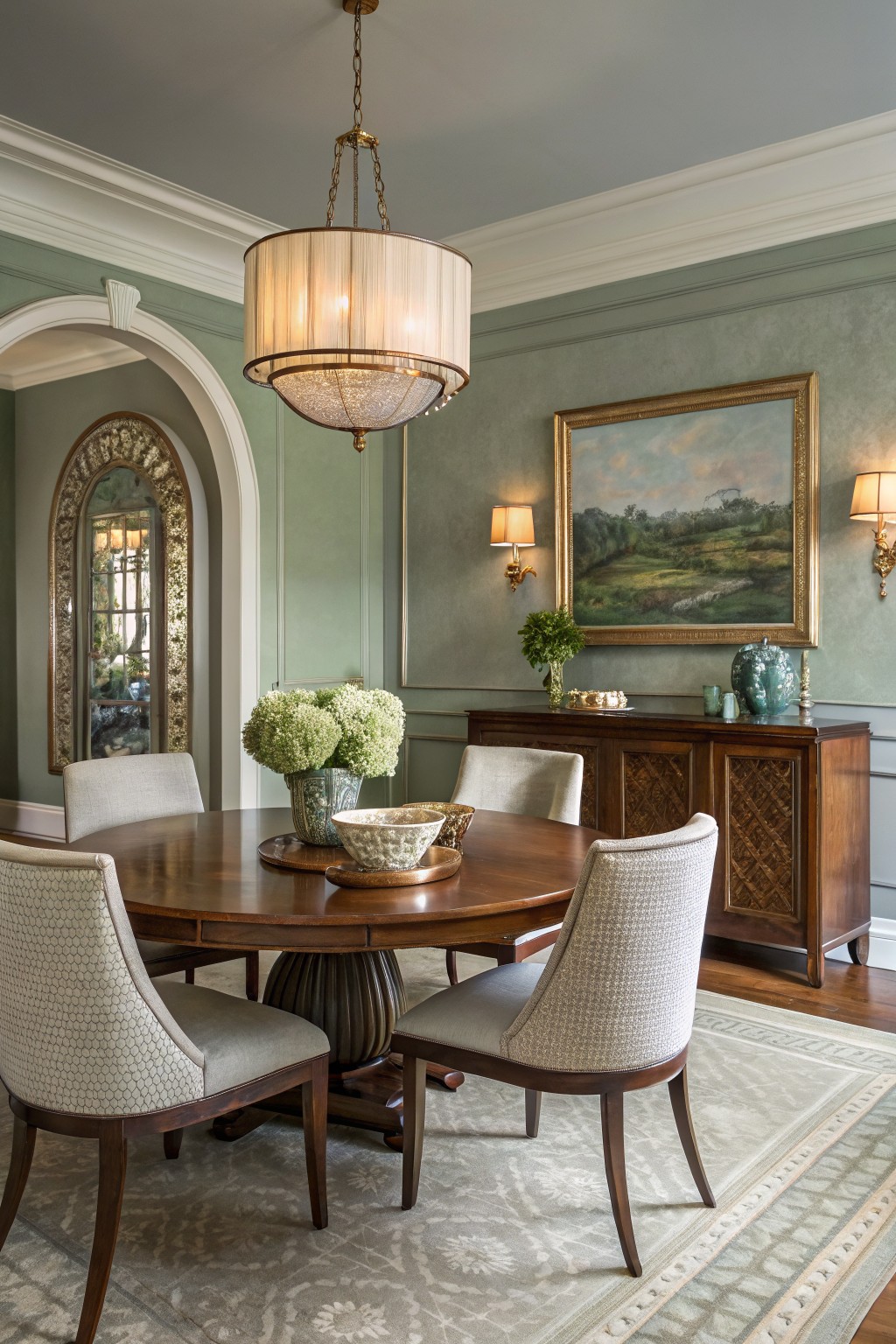 Dining room with pale sage green walls, round wood pedestal table, cream tufted chairs, gilded mirror archway, landscape painting, and crystal chandelier